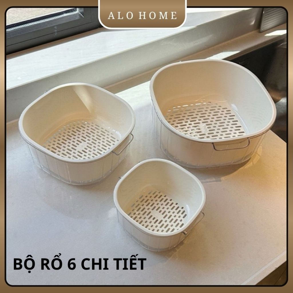 Bộ Rổ Rửa Rau 6 Chi Tiết ALOHOME Rổ Nhựa Đa Năng Có Khay Lọc Nước, Đựng Rau Củ Trái Cây Tiện Lợi
