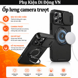 Ốp lưng iPhone chống sốc giá đỡ xoay 360° khung camera trượt hỗ trợ từ tính cho iPhone 13 14 15 16 17 Pro Max 17 Air