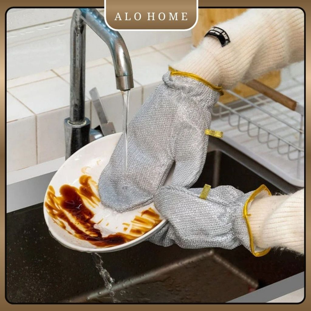 Set 2 Găng Tay Rửa Chén Sợi Cước Bạc ALOHOME Dày Dặn Chống Thấm, Găng Tay Vệ Sinh Nhà Bếp Đa Năng