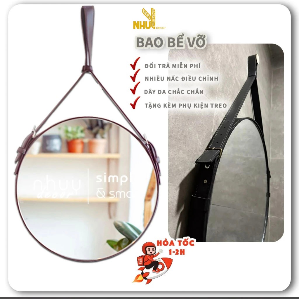 Gương treo tường viền dây da đen nâu Nhu Y Decor - gương tròn treo trang điểm chất liệu da simili cao cấp sang trọng