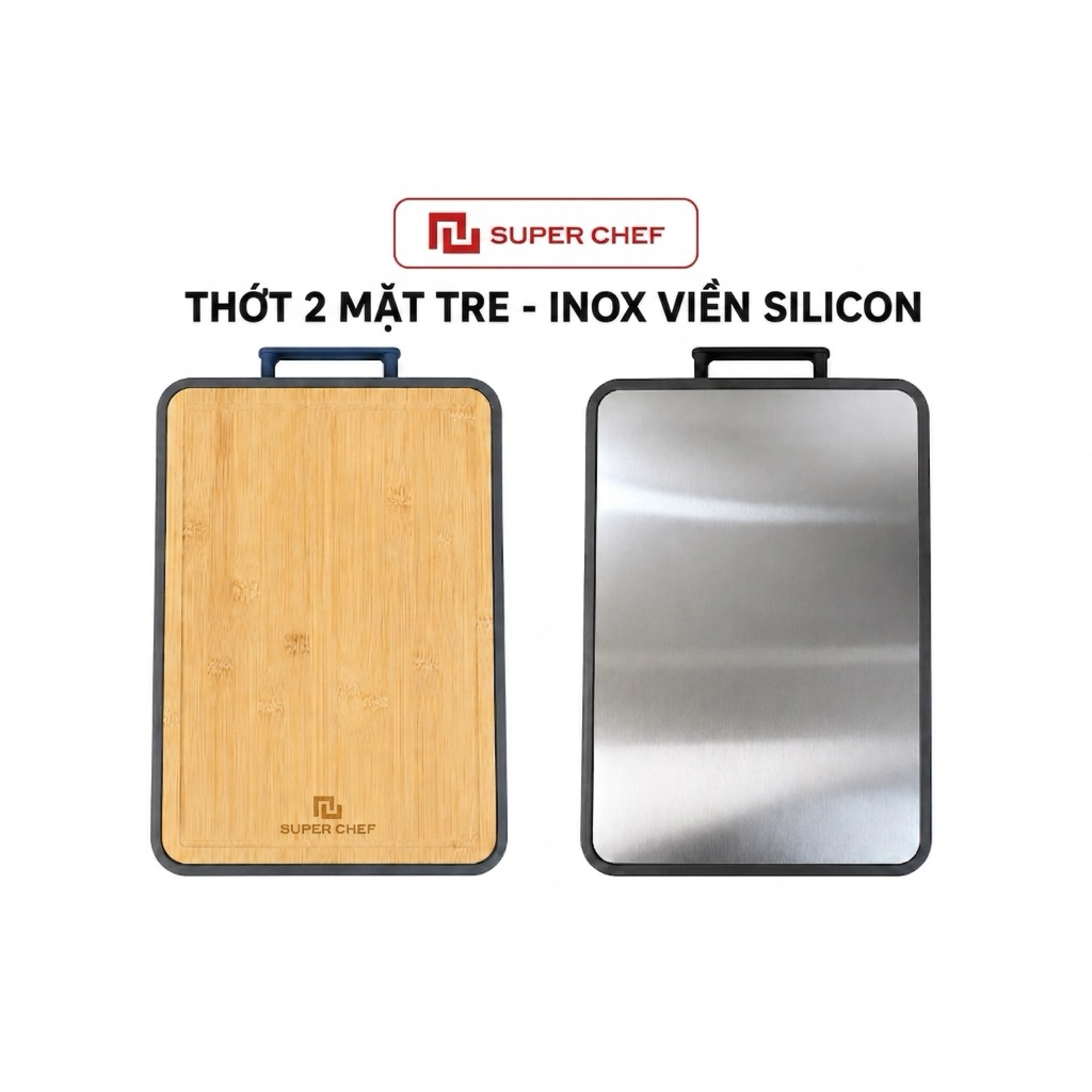Thớt 2 Mặt Kháng Khuẩn Super Chef SC-CB3826 - Một Mặt Tre Tự Nhiên, Một Mặt Inox 304 Cao Cấp Chính Hãng