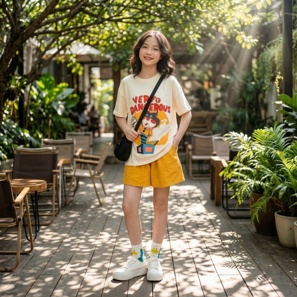 Áo cotton in mèo vàng, Quần sooc kaki bộ mèo vàng cho bé gái size đại BEESHOP H26025A, H26025Q