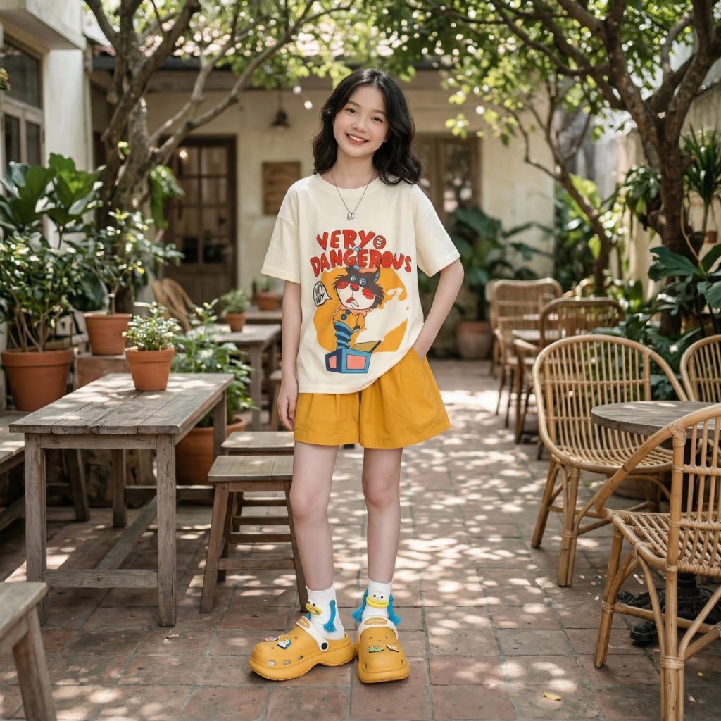 Áo cotton in mèo vàng, Quần sooc kaki bộ mèo vàng cho bé gái size đại BEESHOP H26025A, H26025Q