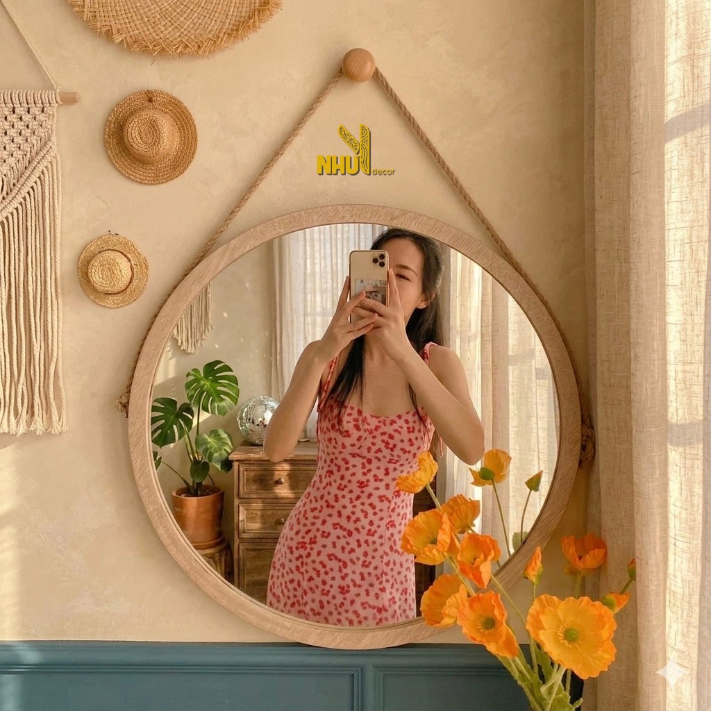 Gương Treo Tường Khung Viền Gỗ Trang Trí Nhà Tắm Spa Nail Đường Kính 55 - 60 cm