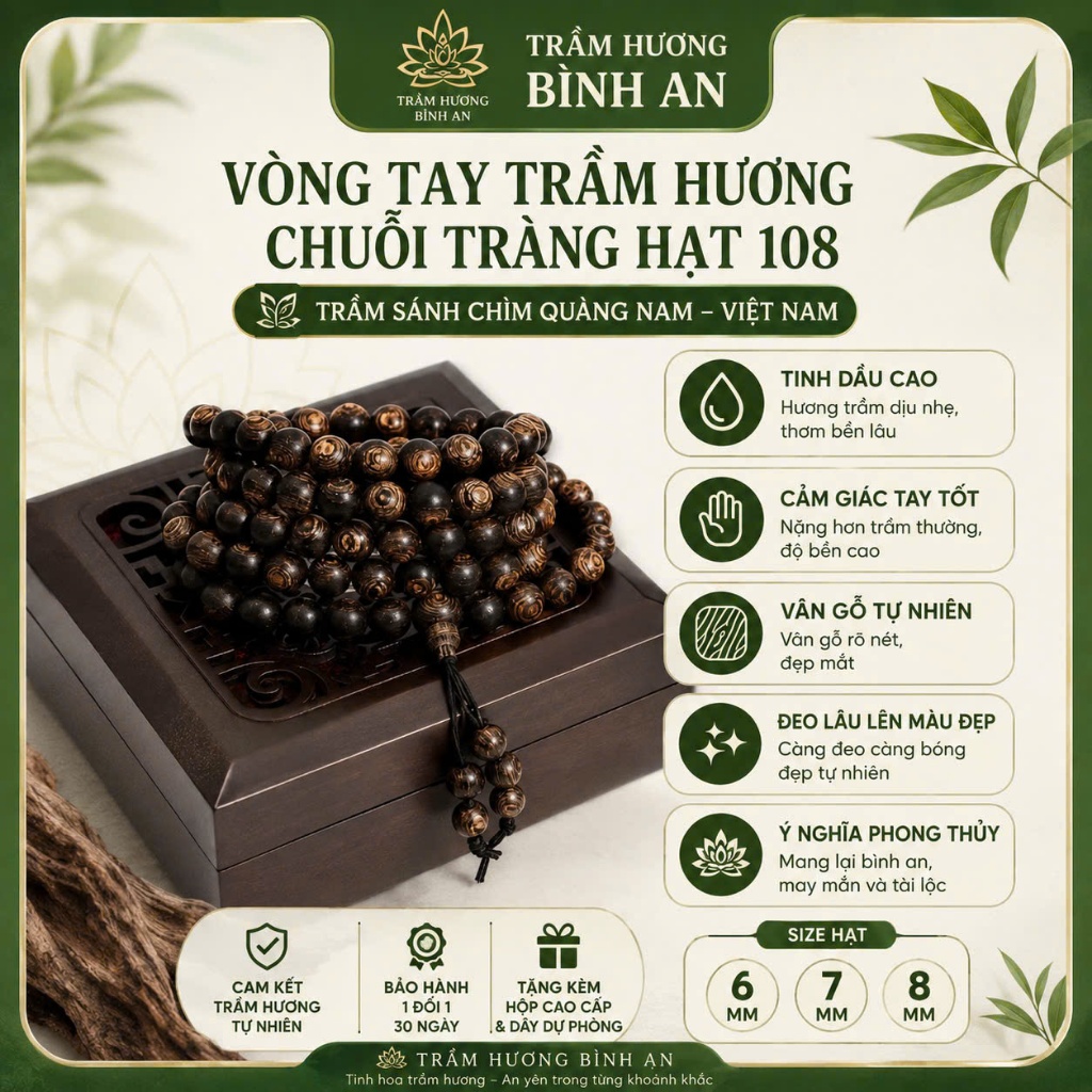 Vòng Tay Trầm Hương Sánh Chìm 108 Hạt Quảng Nam Cao Cấp - Chuỗi Hạt Đeo Tay Nam Nữ 6mm/7mm/8mm Phong Thủy Bình An