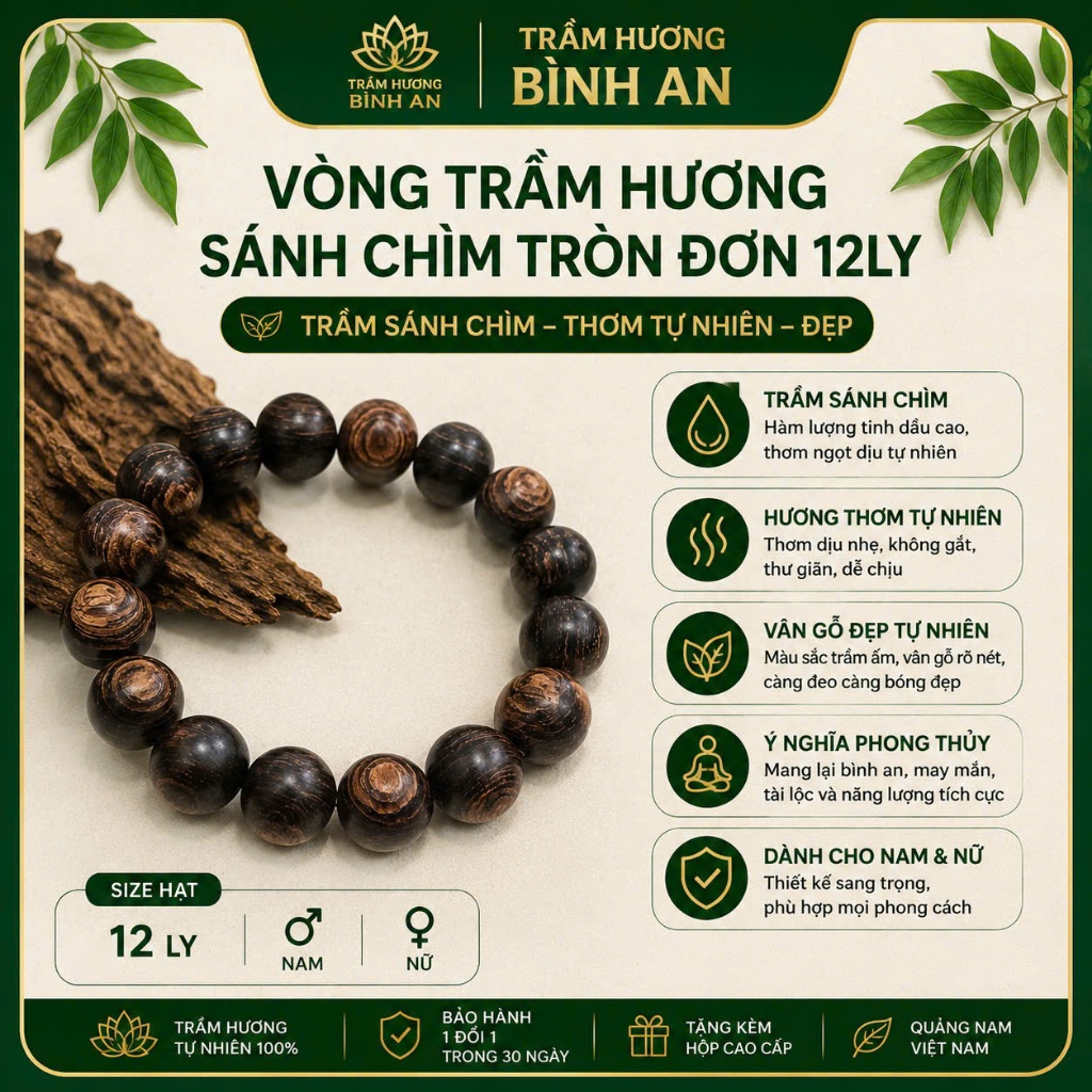 Vòng Tay Trầm Hương Sánh Chìm Tròn Đơn Cao Cấp - Gỗ Trầm Tự Nhiên Quảng Nam Cho Nam Nữ, Phong Thủy Bình An