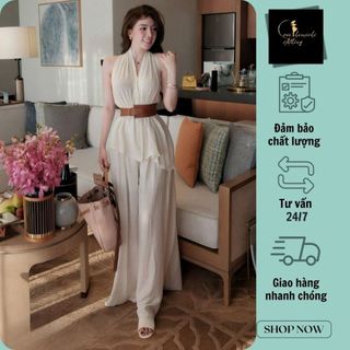 Set áo sát nách yếm cổ V mix quần suông rộng cao cấp Eva hamichi