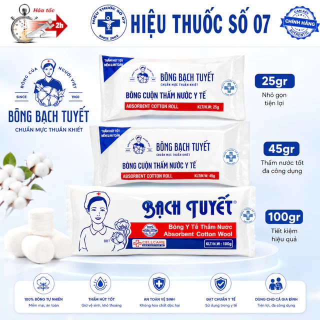 Bông gòn y tế Bạch Tuyết gói 25g/45g/100g - Dùng chăm sóc cá nhân và chăm sóc y tế