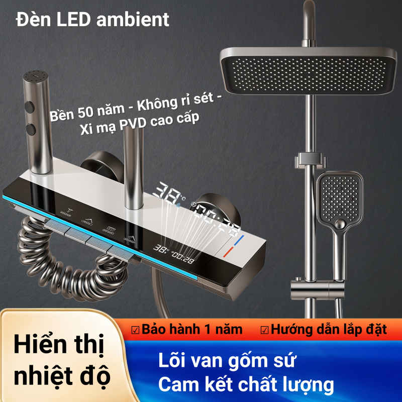 Bộ sen cây LUX trắng tắm đứng nóng lạnh, 4 nút phím đàn, LED nhiệt độ, đồng thau tăng áp