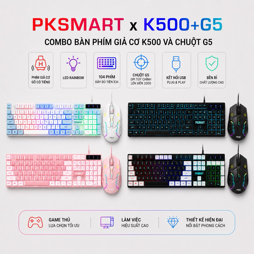 Bàn Phím Và Chuột Giả Cơ Có Dây – PKSMART K500+G5 – LED Xuyên Chữ Nhiều Màu Trắng Đen Hồng Xanh Dùng Cho Máy Tính