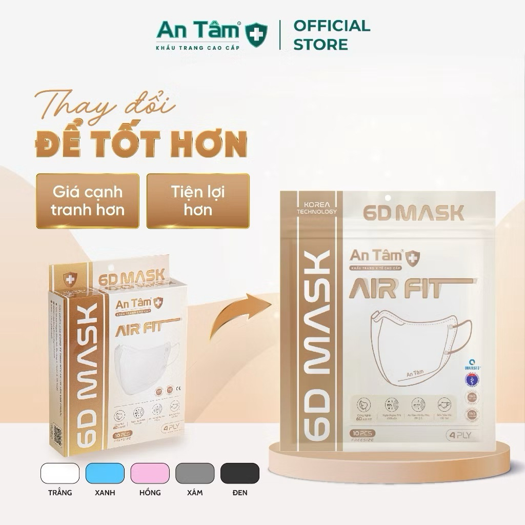 Set 100 cái - Khẩu trang 6D An Tâm, ôm sát khuôn mặt, chống nắng toàn diện, 4 lớp kháng khuẩn ngăn khói bụi
