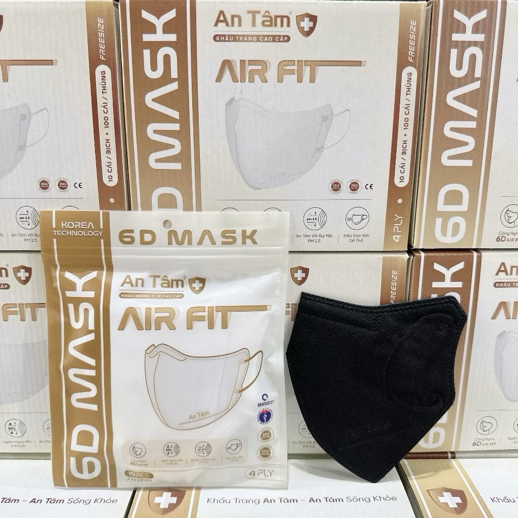 Set 100 cái - Khẩu trang 6D An Tâm, ôm sát khuôn mặt, chống nắng toàn diện, 4 lớp kháng khuẩn ngăn khói bụi