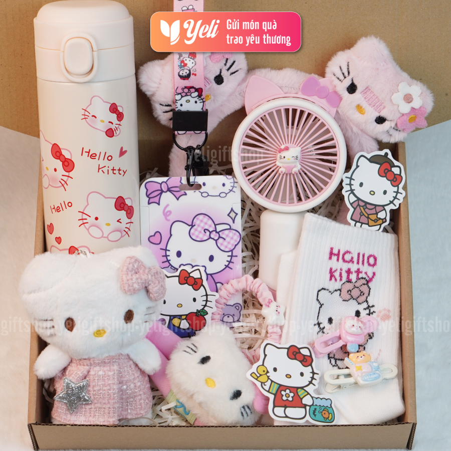 Set quà tặng Bình nước Hello Kitty kèm phụ kiện xinh xắn, bộ quà tặng Bình nước Hello Kitty tặng bé gái, người thân