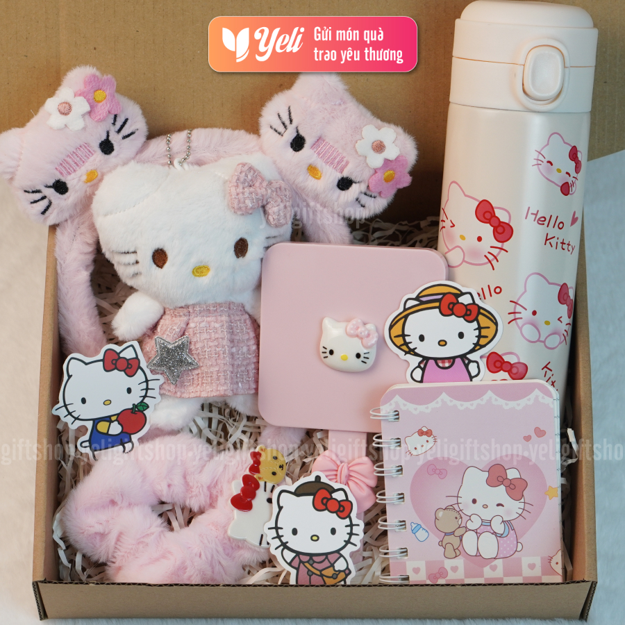 Set quà tặng Bình nước Hello Kitty kèm phụ kiện xinh xắn, bộ quà tặng Bình nước Hello Kitty tặng bé gái, người thân