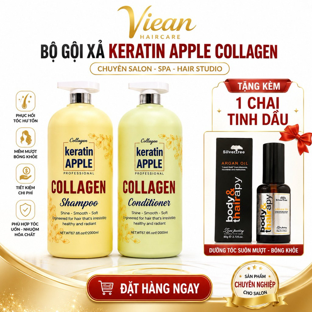 Combo Gội Xả Keratin Apple Collagen Professional 2000ml | Dành Cho Salon Tóc Spa Chuyên Nghiệp