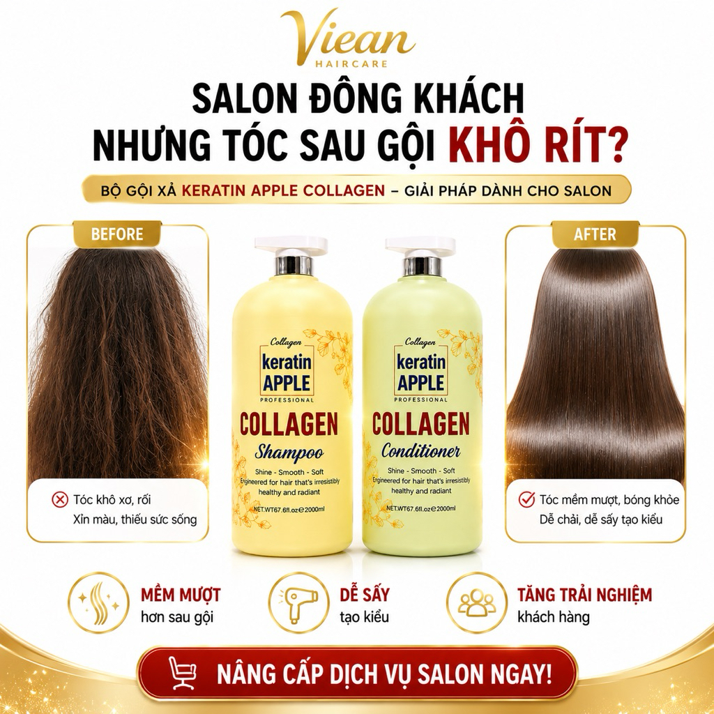Combo Gội Xả Keratin Apple Collagen Professional 2000ml | Dành Cho Salon Tóc Spa Chuyên Nghiệp