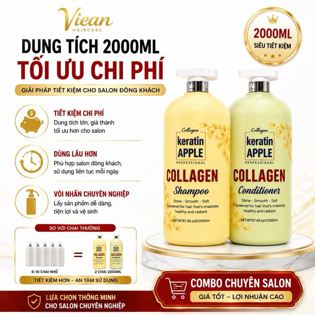 Combo Gội Xả Keratin Apple Collagen Professional 2000ml | Dành Cho Salon Tóc Spa Chuyên Nghiệp