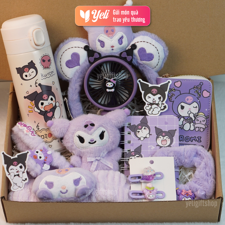 Set quà tặng bình nước Kuromi kèm phụ kiện túi xách tặng bé gái, bạn gái, sinh nhật, hộp quà tặng Kuromi