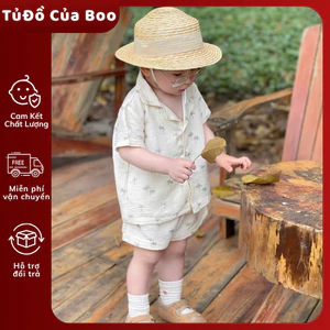 Set Đồ Bé Trai Đi Biển Họa Tiết Cây Dừa Style Hàn, Bộ Sơ Mi Cộc Tay + Quần Short Cotton 8-17kg A34