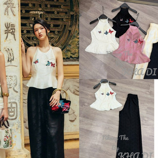 Sét áo lụa cổ yếm thêu thêu 3 con bướm may li chữ v + quần xuông lụa (có tách sét)