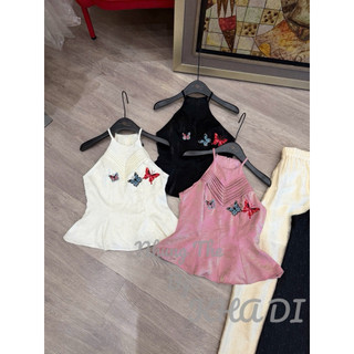 Sét áo lụa cổ yếm thêu thêu 3 con bướm may li chữ v + quần xuông lụa (có tách sét)