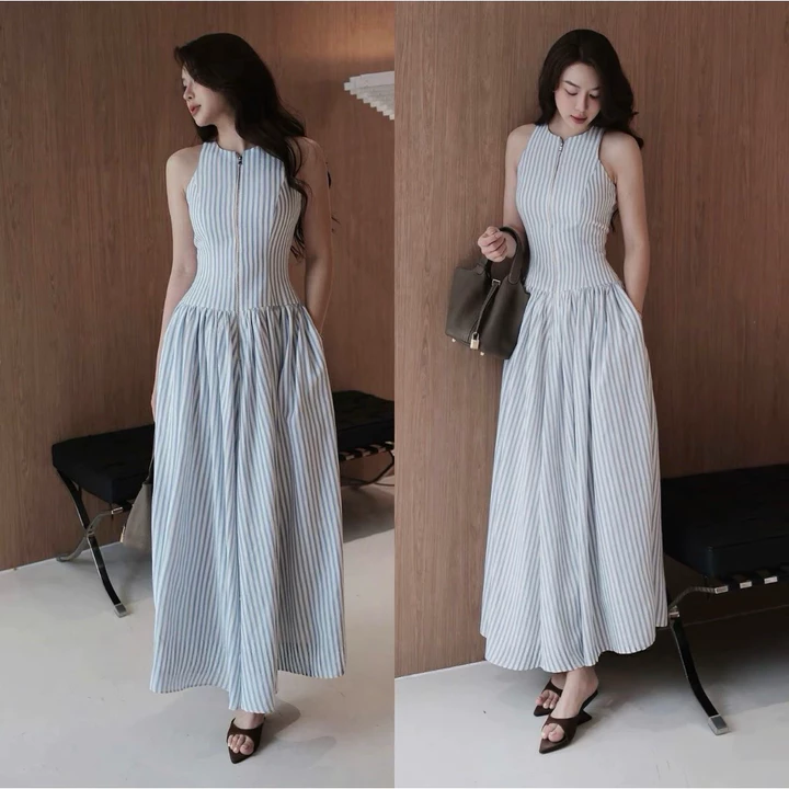 Đầm Maxi Sọc Xanh Khoá Zip Cổ Yếm, Váy Nữ Dài Thanh Lịch - Váy nữ đi chơi, đi tiệc, du lịch