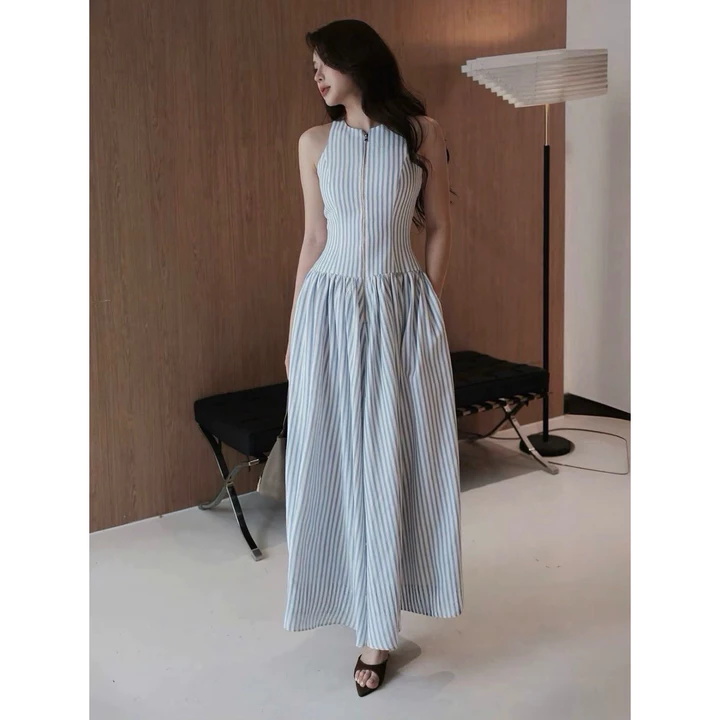 Đầm Maxi Sọc Xanh Khoá Zip Cổ Yếm, Váy Nữ Dài Thanh Lịch - Váy nữ đi chơi, đi tiệc, du lịch