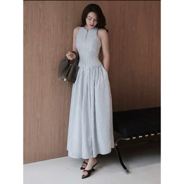 Đầm Maxi Sọc Xanh Khoá Zip Cổ Yếm, Váy Nữ Dài Thanh Lịch - Váy nữ đi chơi, đi tiệc, du lịch