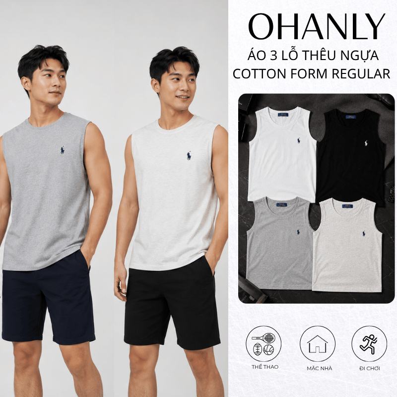 Áo Tank Top Nam Thêu ngựa OHANLY – Áo Ba Lỗ Nam Cotton Form Regular Thêu Ngựa Basic Mặc Nhà Tập Gym Đi Chơi