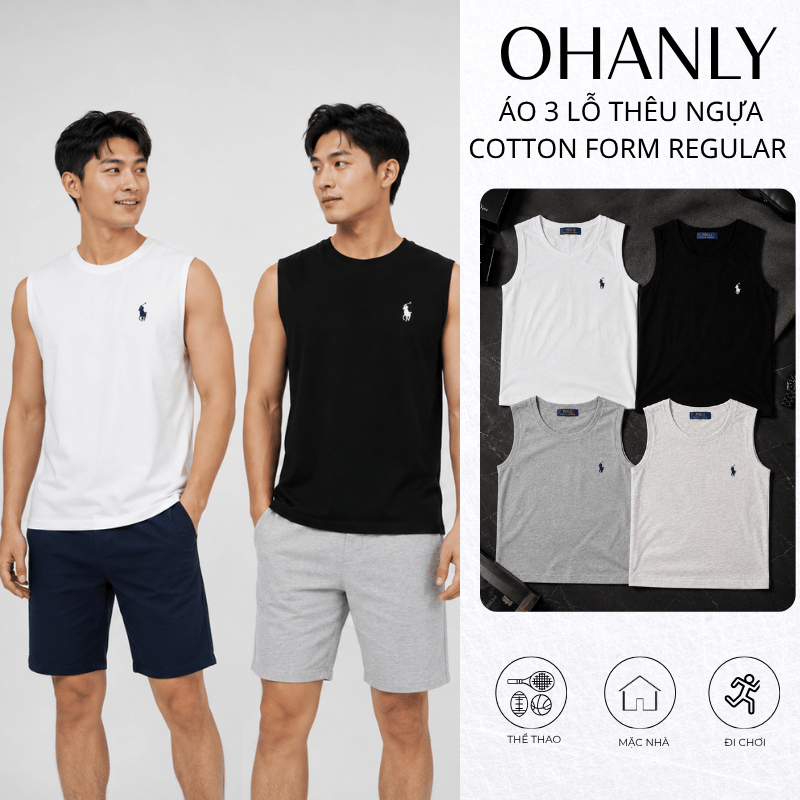Áo Tank Top Nam Thêu ngựa OHANLY – Áo Ba Lỗ Nam Cotton Form Regular Thêu Ngựa Basic Mặc Nhà Tập Gym Đi Chơi