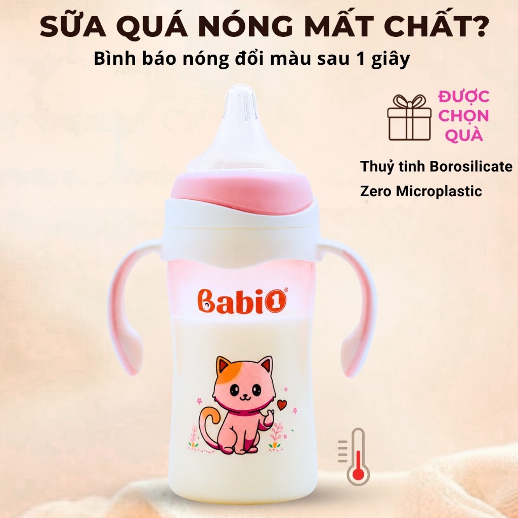 Bình sữa thủy tinh Babi1 240ml Cảm biến nhiệt - Bọc Silicon Chống Vỡ - Núm Chống Sặc (Tặng Tay Cầm)