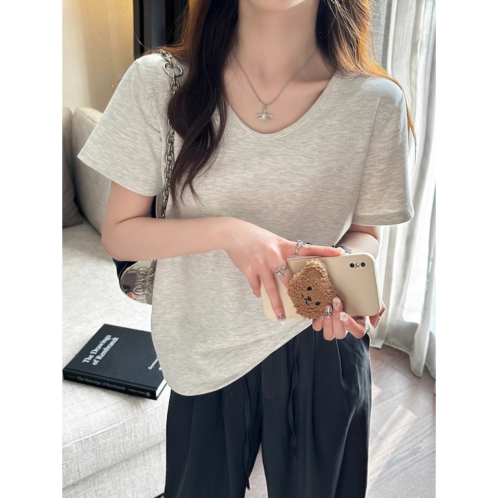 Áo thun nữ cổ tim vải xược thun cotton co giãn thoáng mát trẻ trung bán chạy nhiều màu