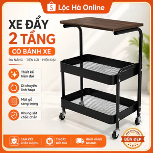 Xe Đẩy 2 Tầng Có Bánh Xe – Khung Sắt Chắc Chắn, Mặt Gỗ Sang Trọng
