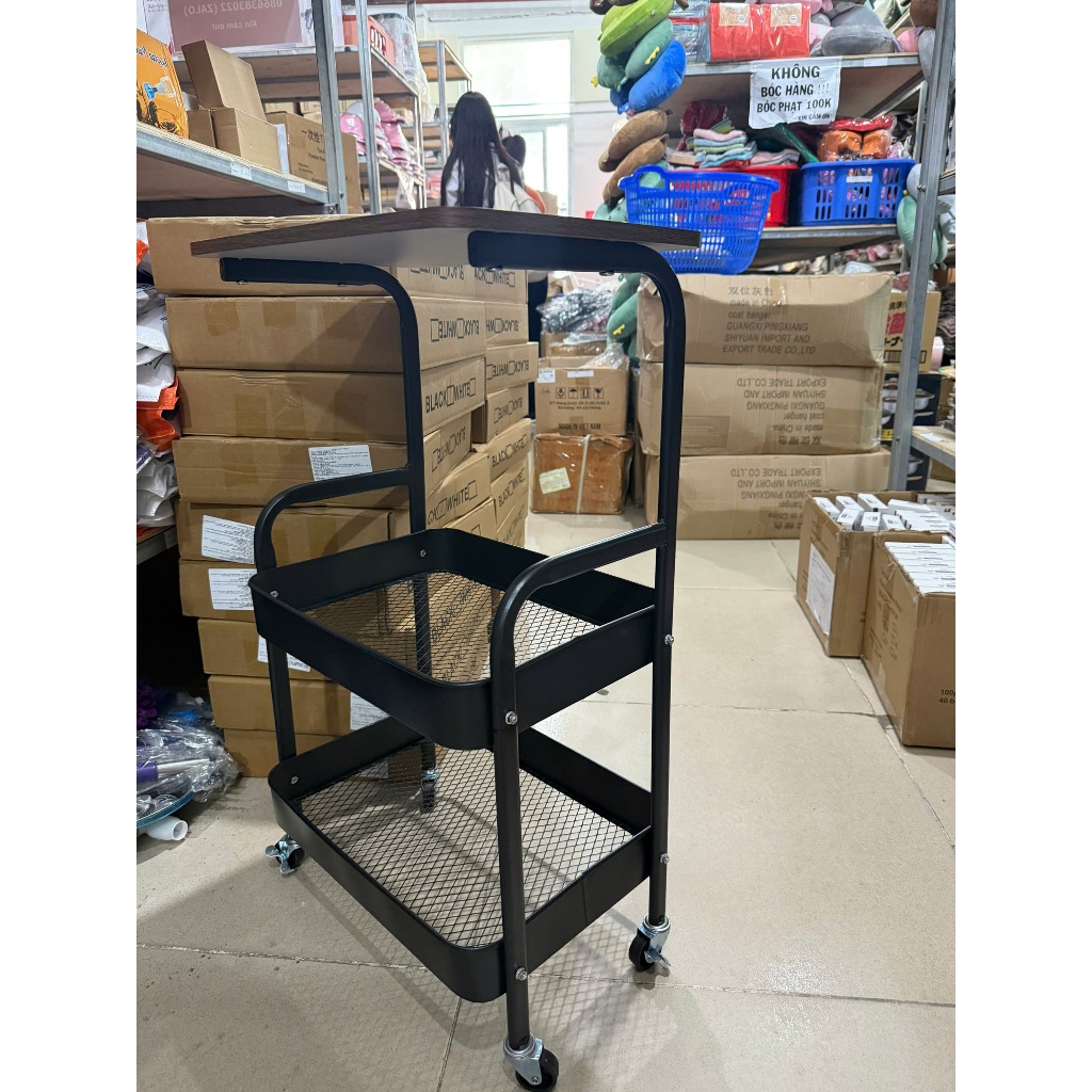 Xe Đẩy 2 Tầng Có Bánh Xe – Khung Sắt Chắc Chắn, Mặt Gỗ Sang Trọng