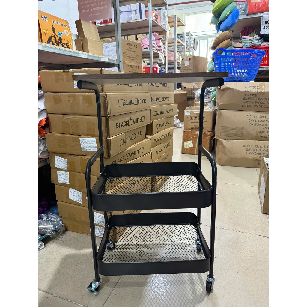 Xe Đẩy 2 Tầng Có Bánh Xe – Khung Sắt Chắc Chắn, Mặt Gỗ Sang Trọng