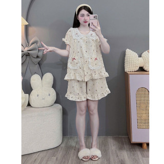 Bộ Bầu - bộ sau sinh - BỘ ĐÙI ĐŨI HÀN CỔ SEN HÌNH MÈO NỔI HAI TÚI REN NƠ - Nhiều Màu, Áo Có Khoá Kéo, Quần Có Chun Chỉnh