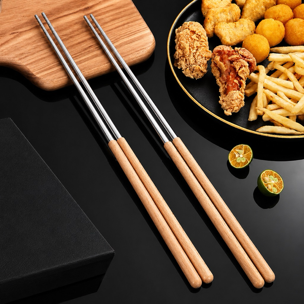 Đũa Nấu Ăn Inox 304 Cán Gỗ Chống Nóng Dài 40cm Cao Cấp