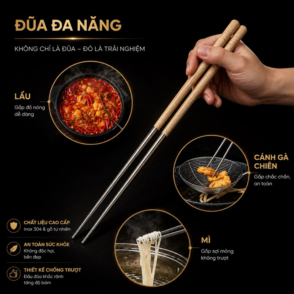 Đũa Nấu Ăn Inox 304 Cán Gỗ Chống Nóng Dài 40cm Cao Cấp