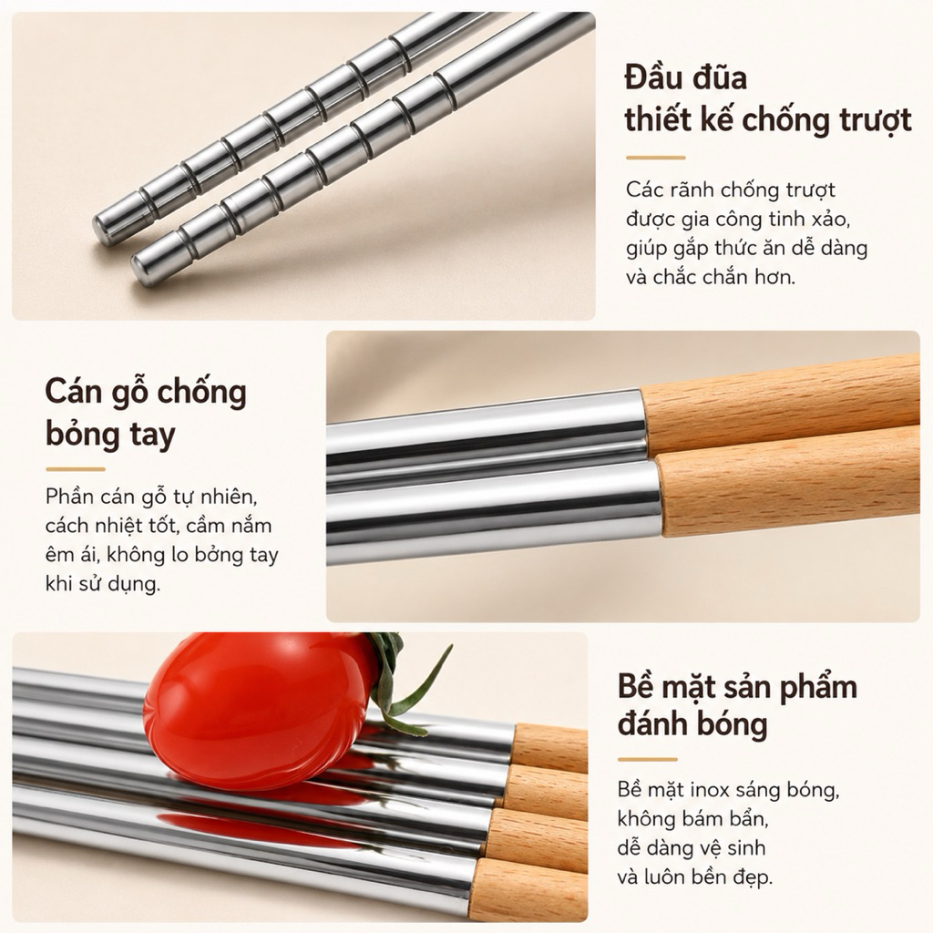 Đũa Nấu Ăn Inox 304 Cán Gỗ Chống Nóng Dài 40cm Cao Cấp