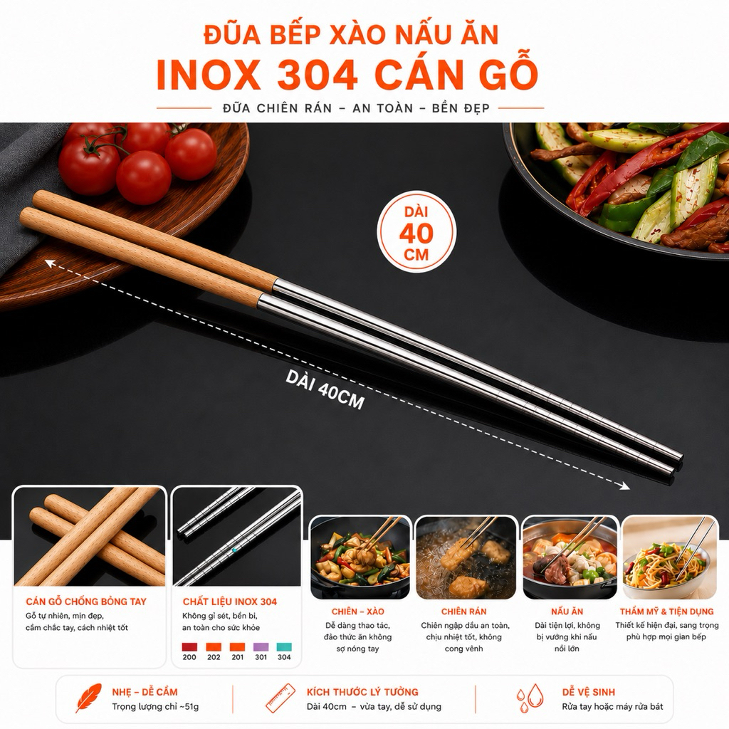 Đũa Nấu Ăn Inox 304 Cán Gỗ Chống Nóng Dài 40cm Cao Cấp