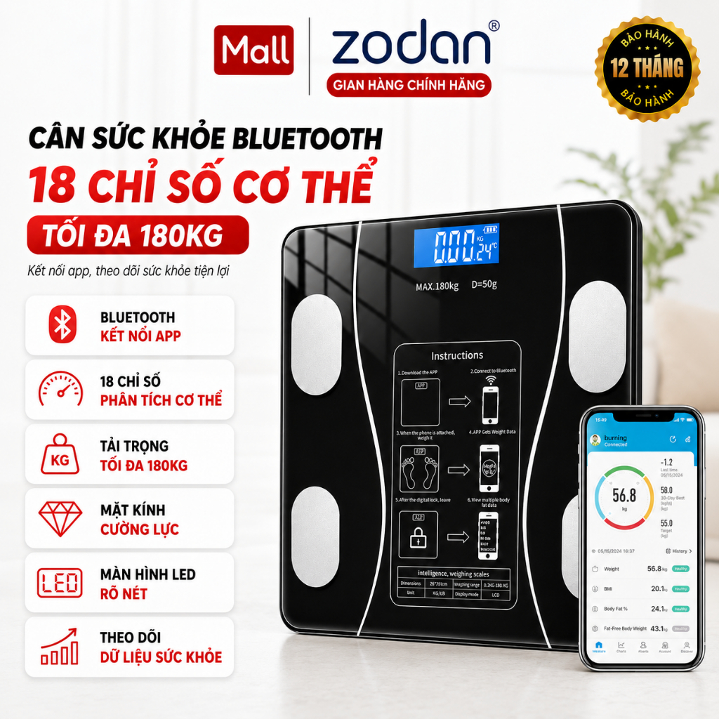 [CÓ VIDEO][BH 1NĂM] Cân điện tử Bluetooth thông minh ZODAN BL998 đo ...