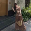 Set váy maxi đi biển màu nâu tây sang chảnh, Set áo croptop trễ vai xoắn ngực kèm chân váy dài xoè cạp cao tôn dáng