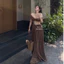 Set váy maxi đi biển màu nâu tây sang chảnh, Set áo croptop trễ vai xoắn ngực kèm chân váy dài xoè cạp cao tôn dáng