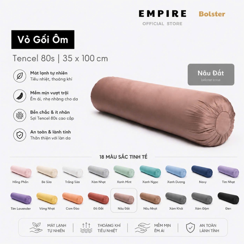 Vỏ Gối Ôm Lụa Tencel 80s Size 35x100cm Hàn Quốc Cao Cấp EMPIRE Màu Trơn Nhiều màu Dây kéo khoá