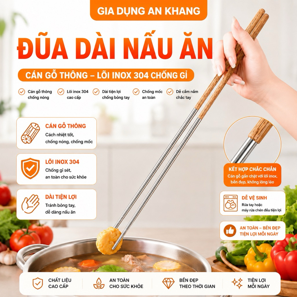 Đũa Nấu Ăn Inox 304 Cán Gỗ Chống Nóng Dài 40cm Cao Cấp