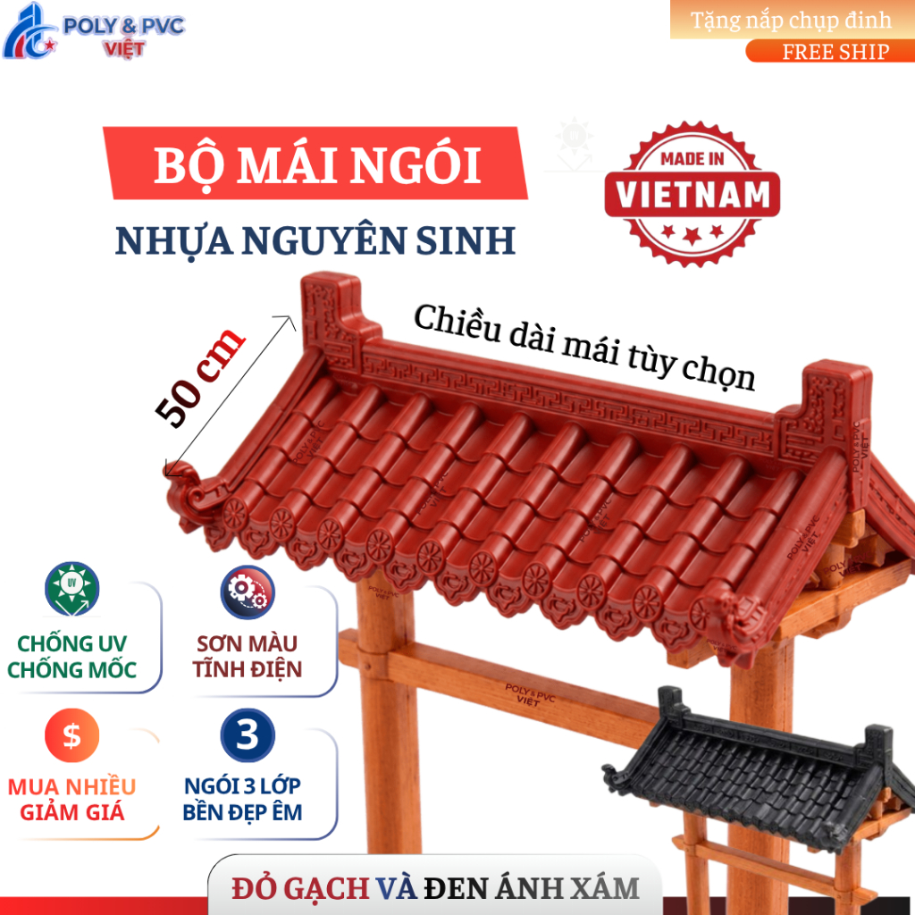 [50cm x 1m 2m...] Đen + Đỏ - TRỌN BỘ MÁI ngói âm dương PVC Nhật Bản - Dày 2.5 m bền màu chống UV