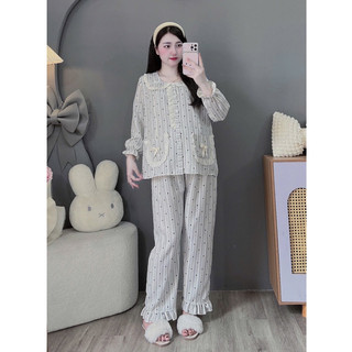 Bộ Bầu - bộ sau sinh - BỘ DÀI VÂN MÂY CỔ SEN NƠ TRẮNG HAI TÚI NƠ TRẮNG , Nhiều Màu, Áo Có Khoá Kéo & Quần Có Chun Chỉnh