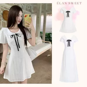 Váy Trắng Nàng Thơ Cổ Sen Bèo Phối Nơ, Đầm Maxi Dáng Xòe Tiểu Thư Xinh Xắn Đi Chơi Hẹn Hò Élan Sweet