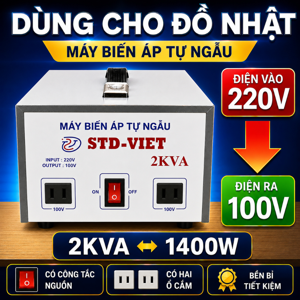 Đổi nguồn 220V sang 100V  Biến áp tữ ngẫu 2KVA Vỏ Kim Loại Bảo Hành 2 Năm
