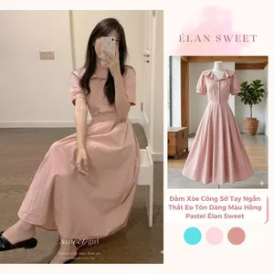 Váy Sơ Mi Nữ Dáng Dài Cổ Đức, Đầm Xòe Công Sở Tay Ngắn Thắt Eo Tôn Dáng Màu Hồng Pastel Élan Sweet